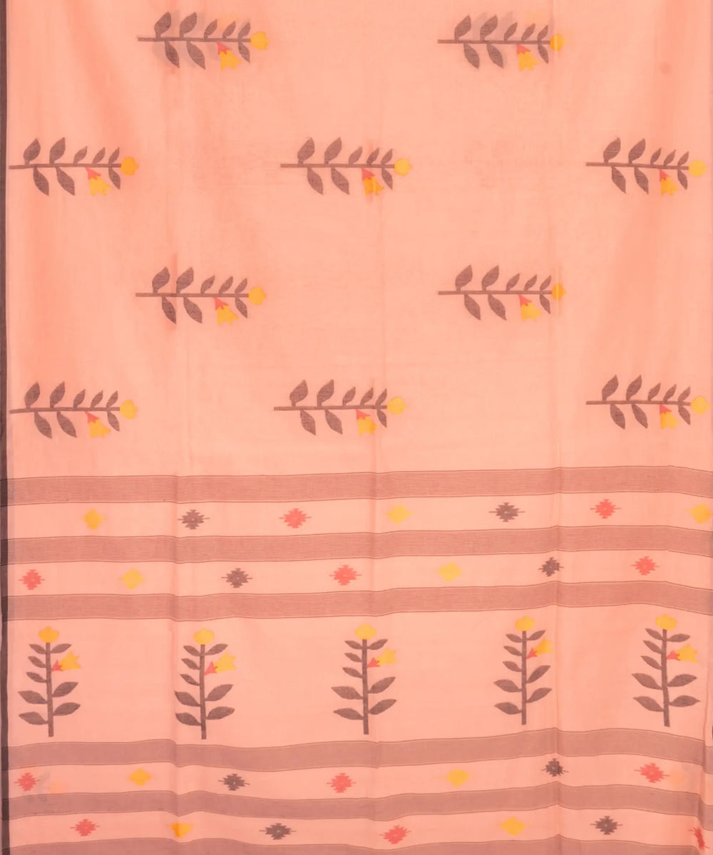 Pale peach red handwoven jamdani cotton saree