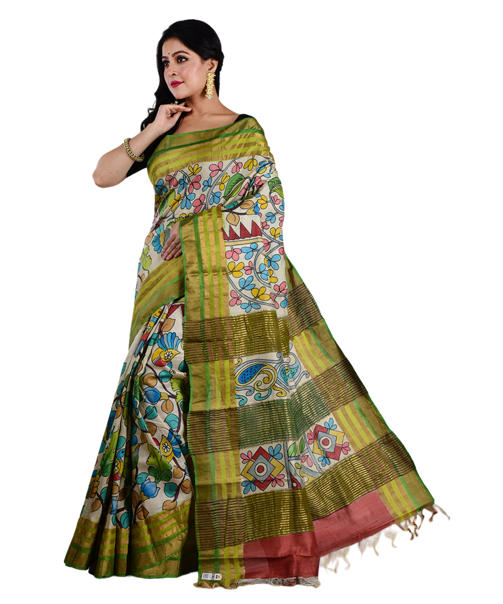 Beige multicolor bengal hand printed tussar silk saree