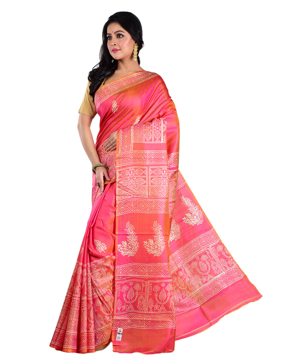 Pink orange hand printed silk saree