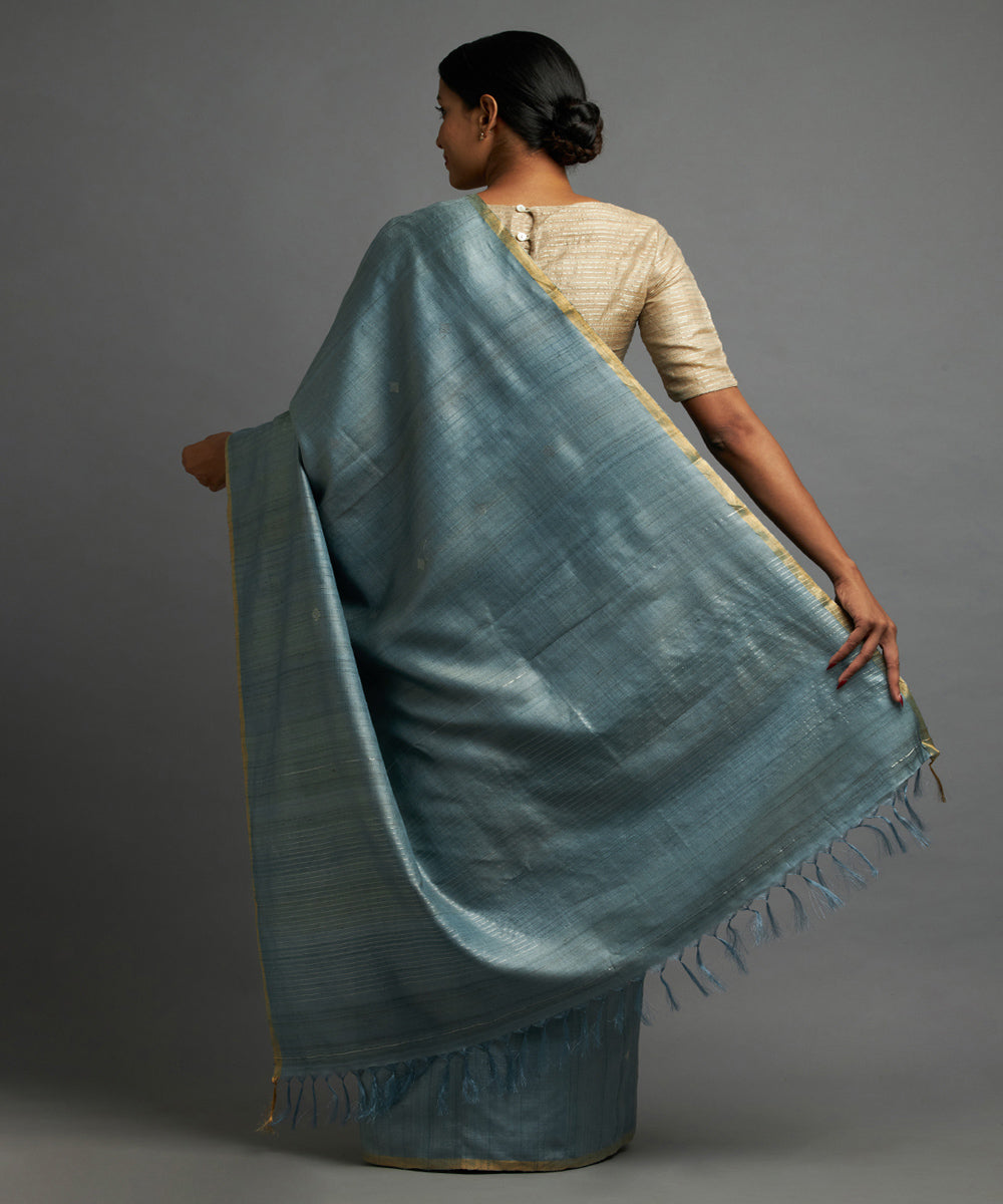 Teal grey tussar silk hand woven chhattisgarh kosa saree