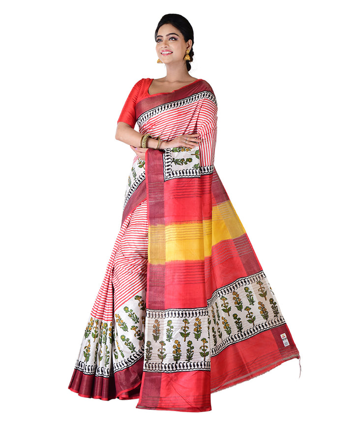 Red multicolor hand printed silk saree