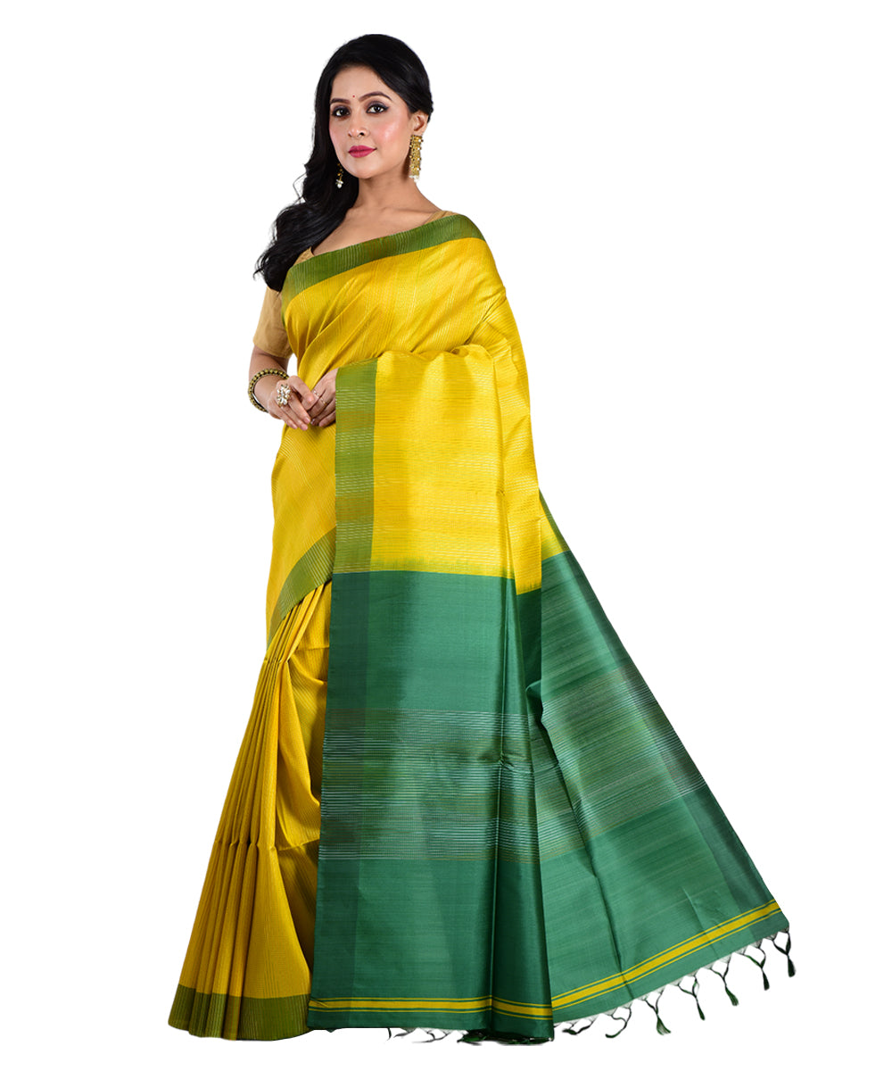 Yellow dark green handwoven silk saree