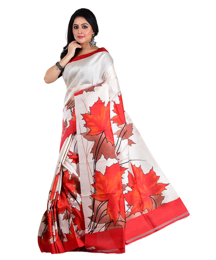 White multicolor hand printed silk saree