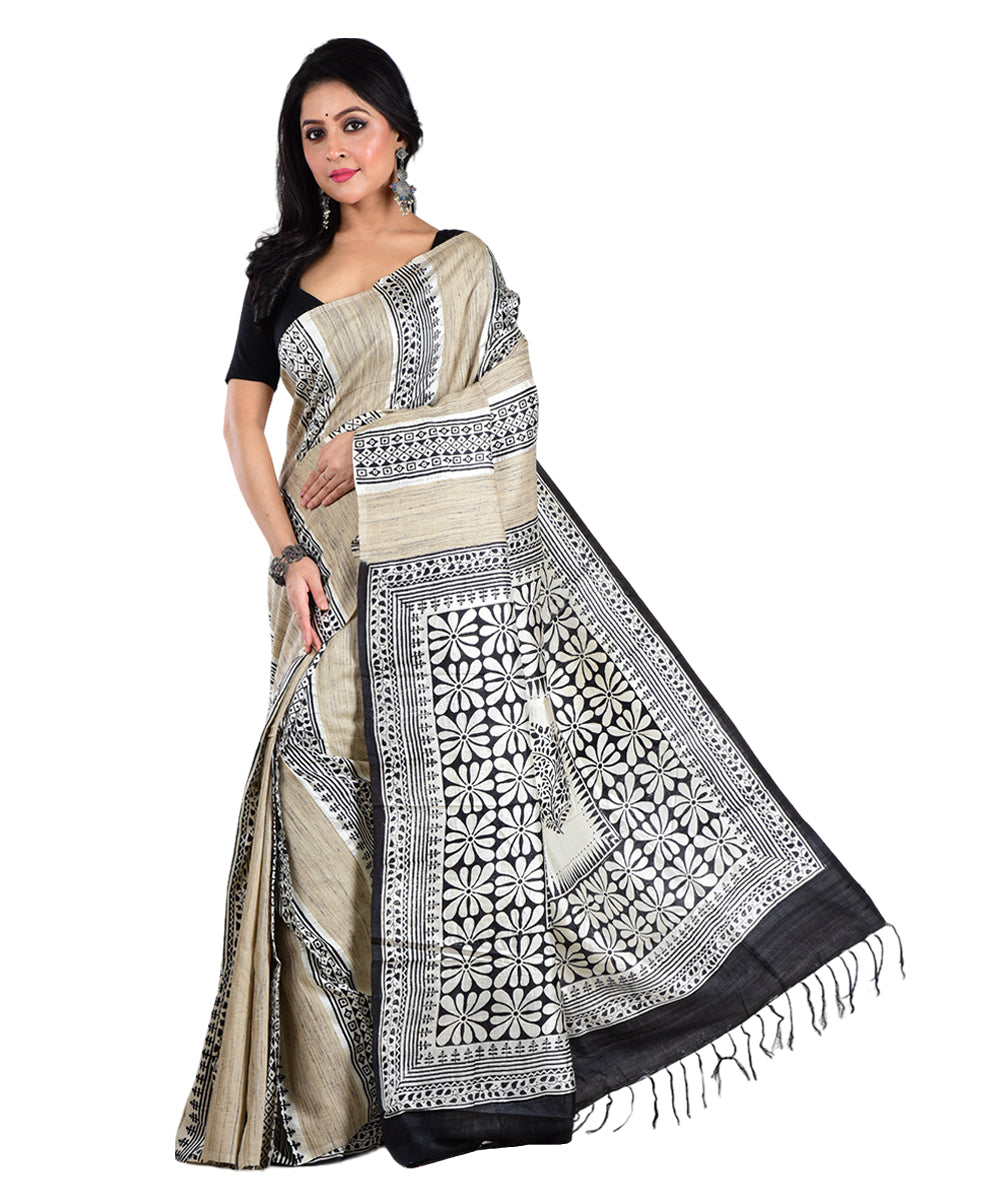 Black white hand printed silk saree