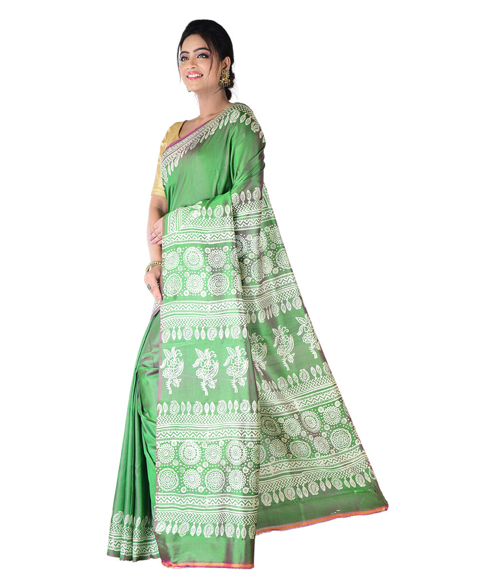 Dark green hand-printed silk saree