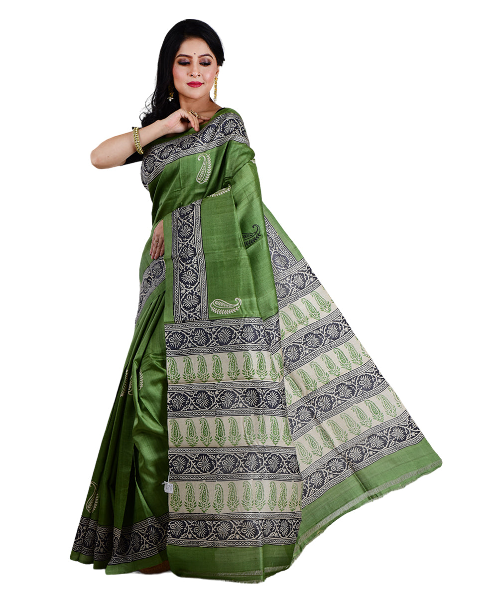 Light green black hand printed tussar silk saree