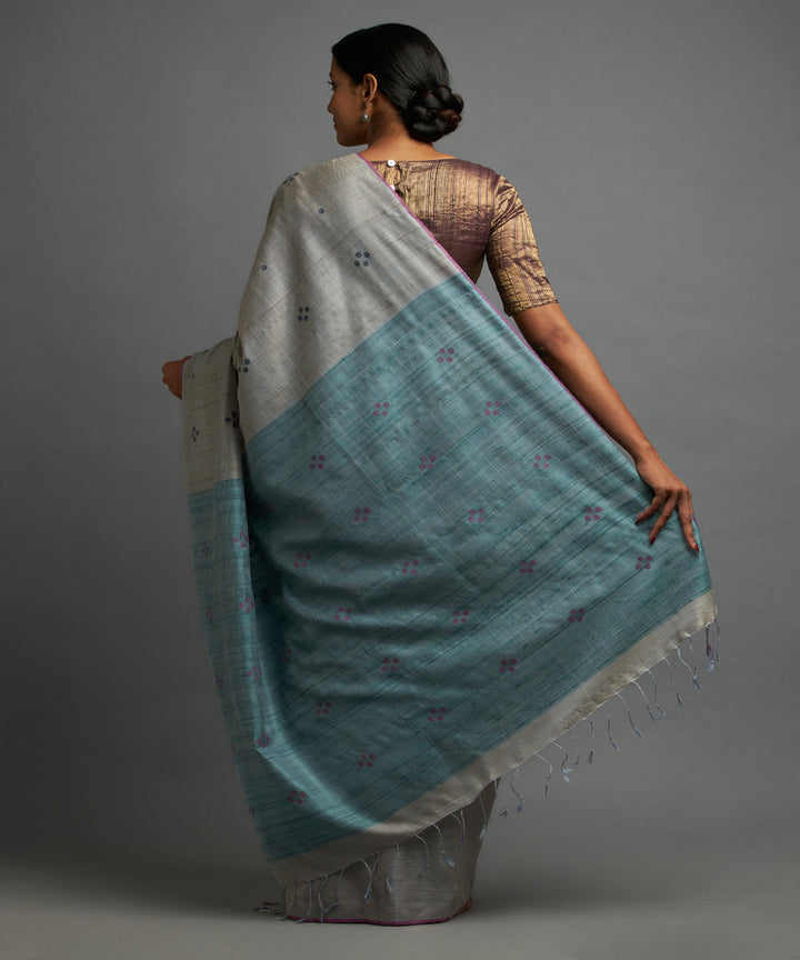 Dusky blue grey tussar silk handwoven chhattisgarh kosa saree