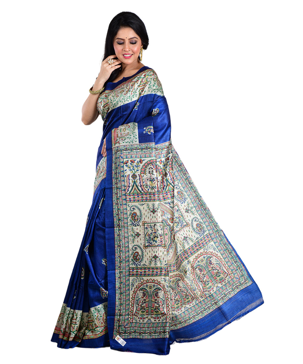 Navy blue multicolor hand printed tussar silk saree