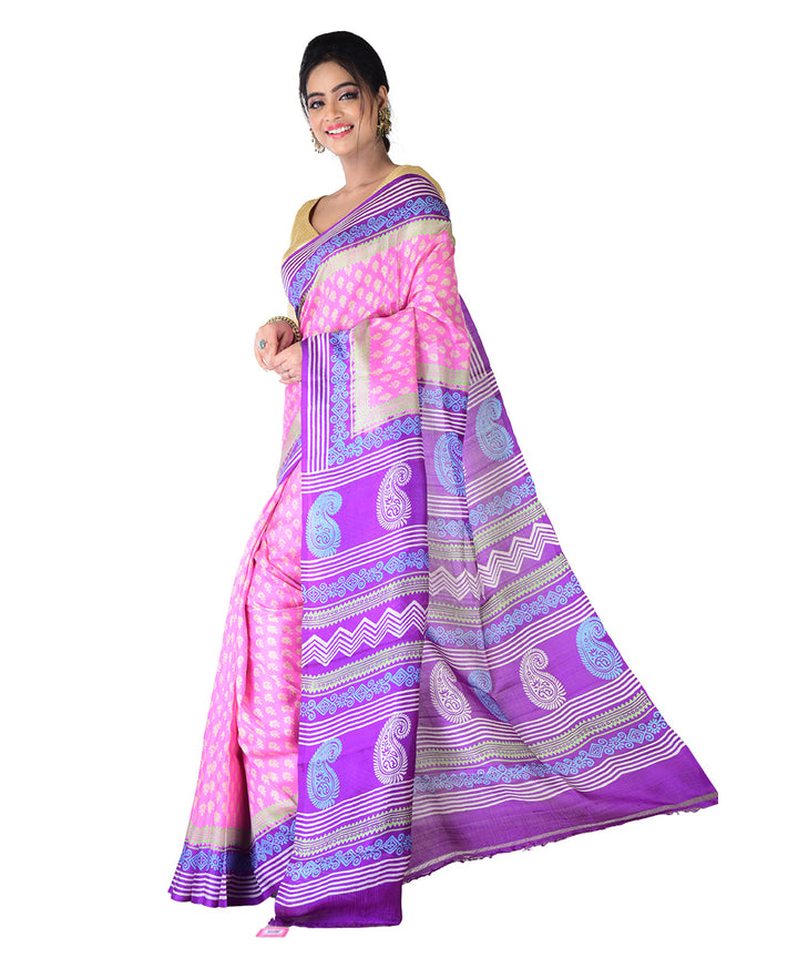 Pink navy blue hand printed silk saree
