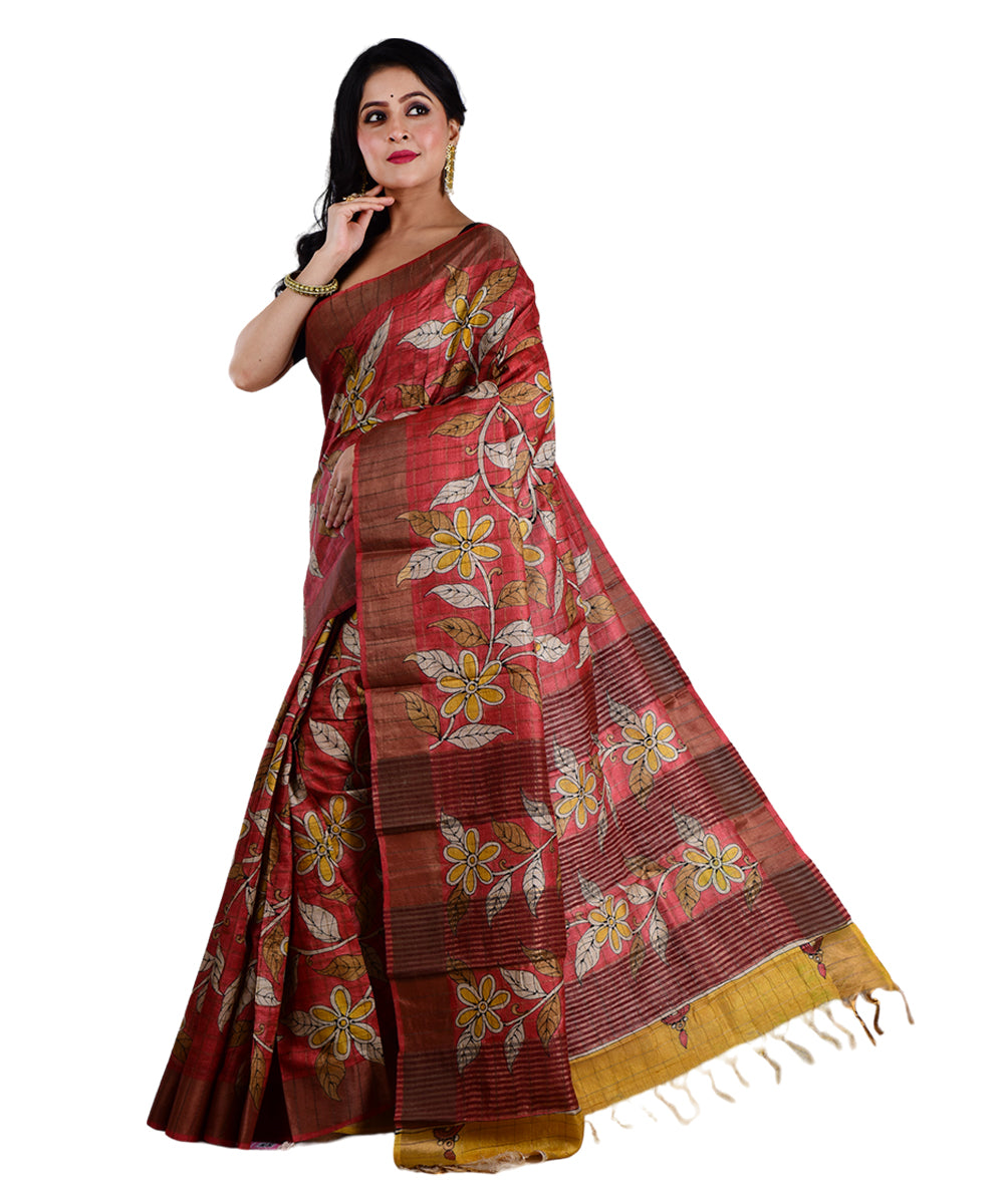 Multicolor red hand printed tussar silk saree