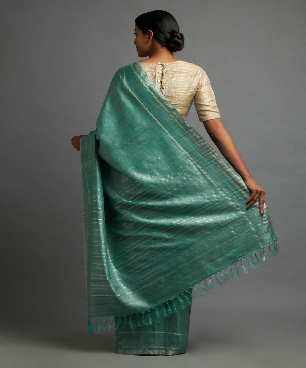 Turquoise gold zari tussar silk handwoven chhattisgarh kosa saree