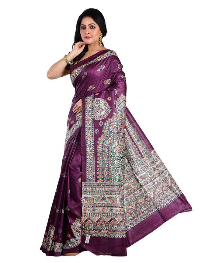 Purple multicolor hand printed tussar silk saree