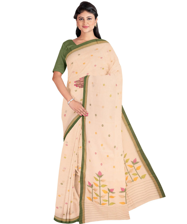 Cream olive handwoven jamdani cotton saree