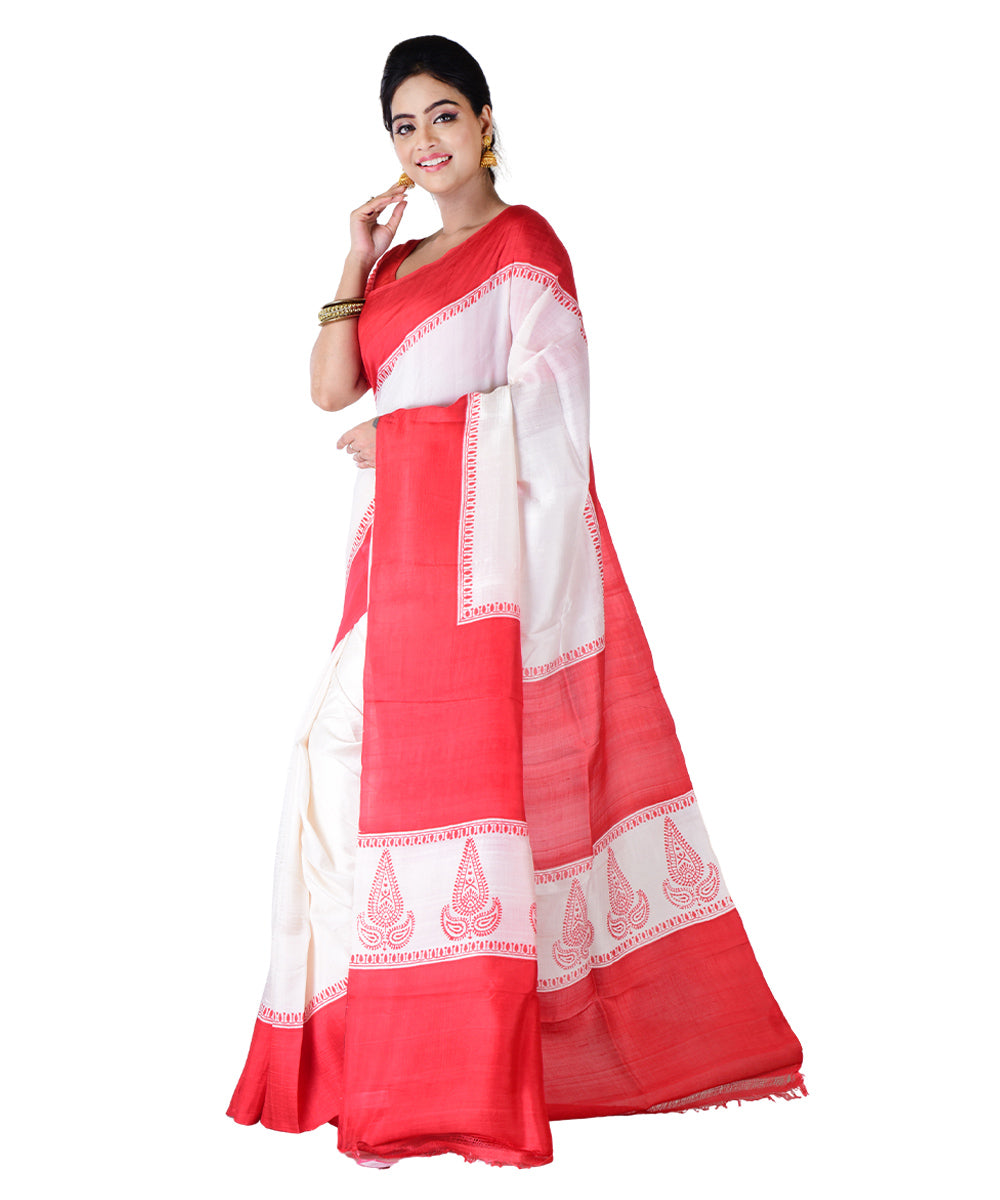 White red silk hand printed saree