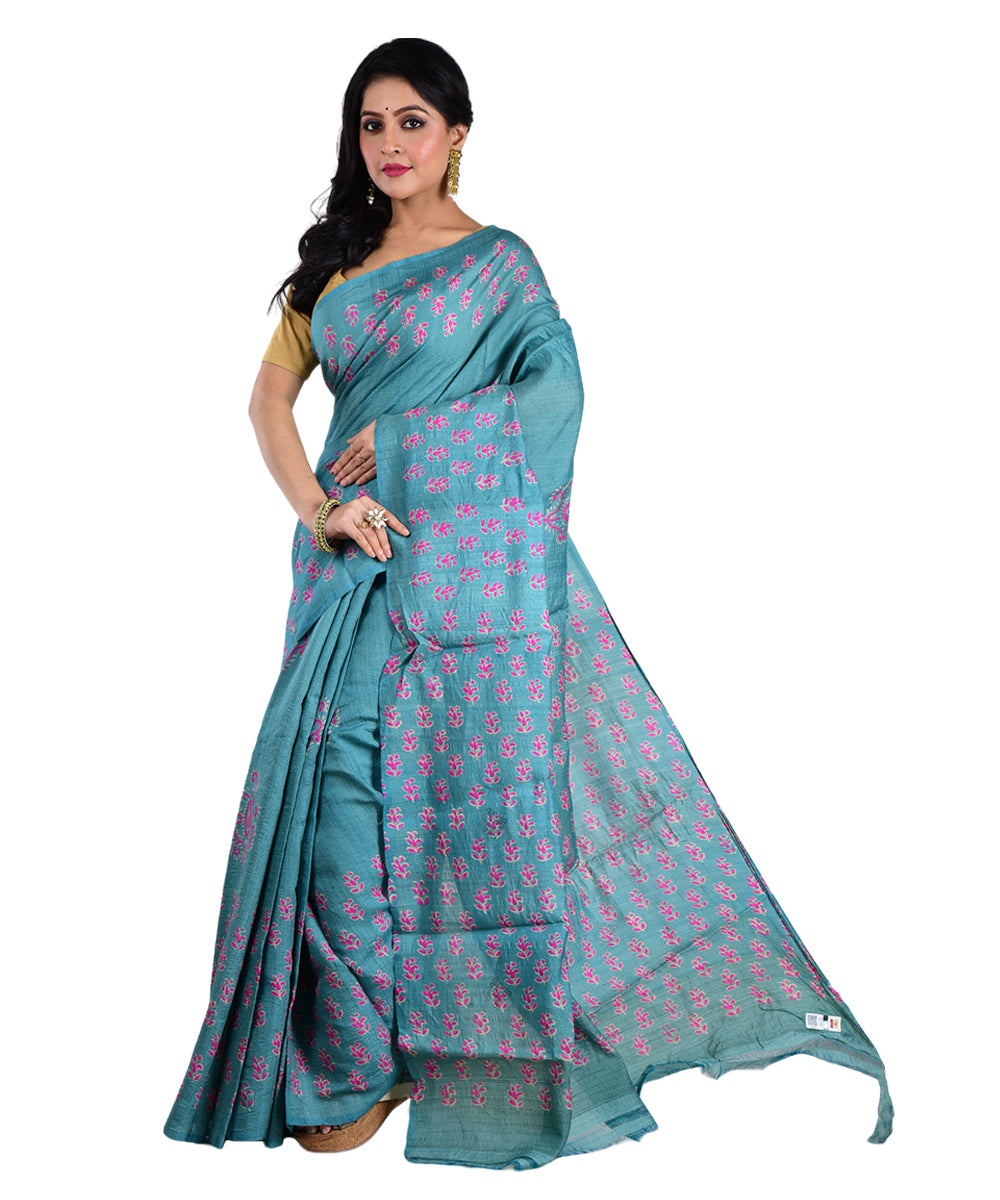 Sky blue pink hand printed tussar silk saree