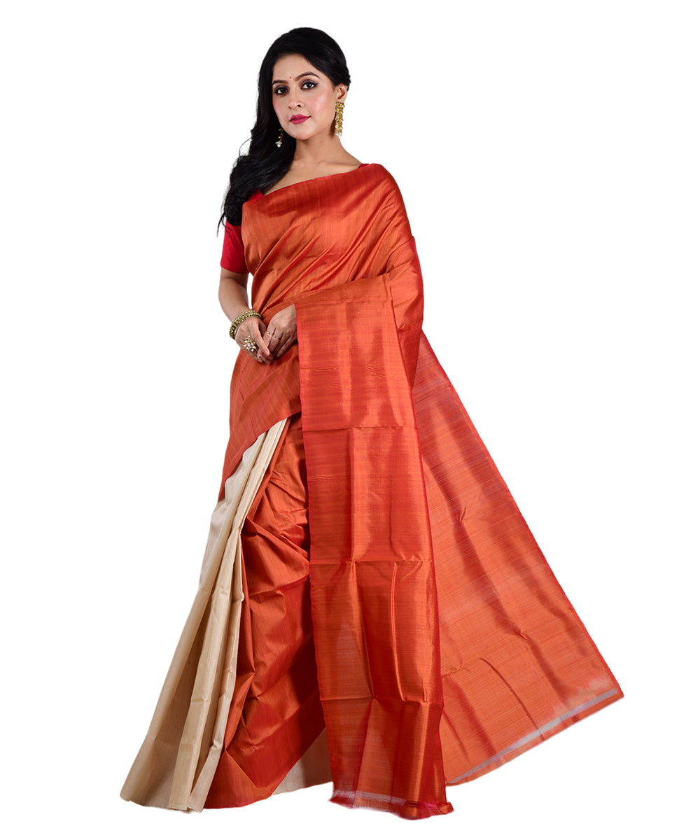 Beige orange handwoven tussar silk saree