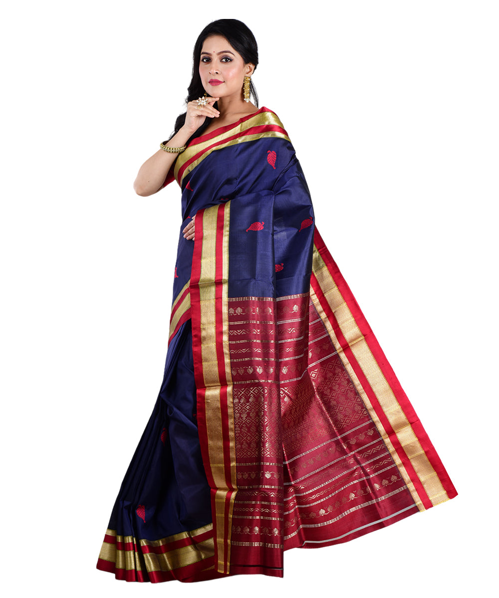 Navy blue red handwoven silk saree