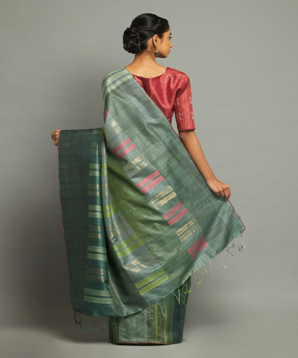 Green checkered tussar silk hand woven chhattisgarh kosa saree