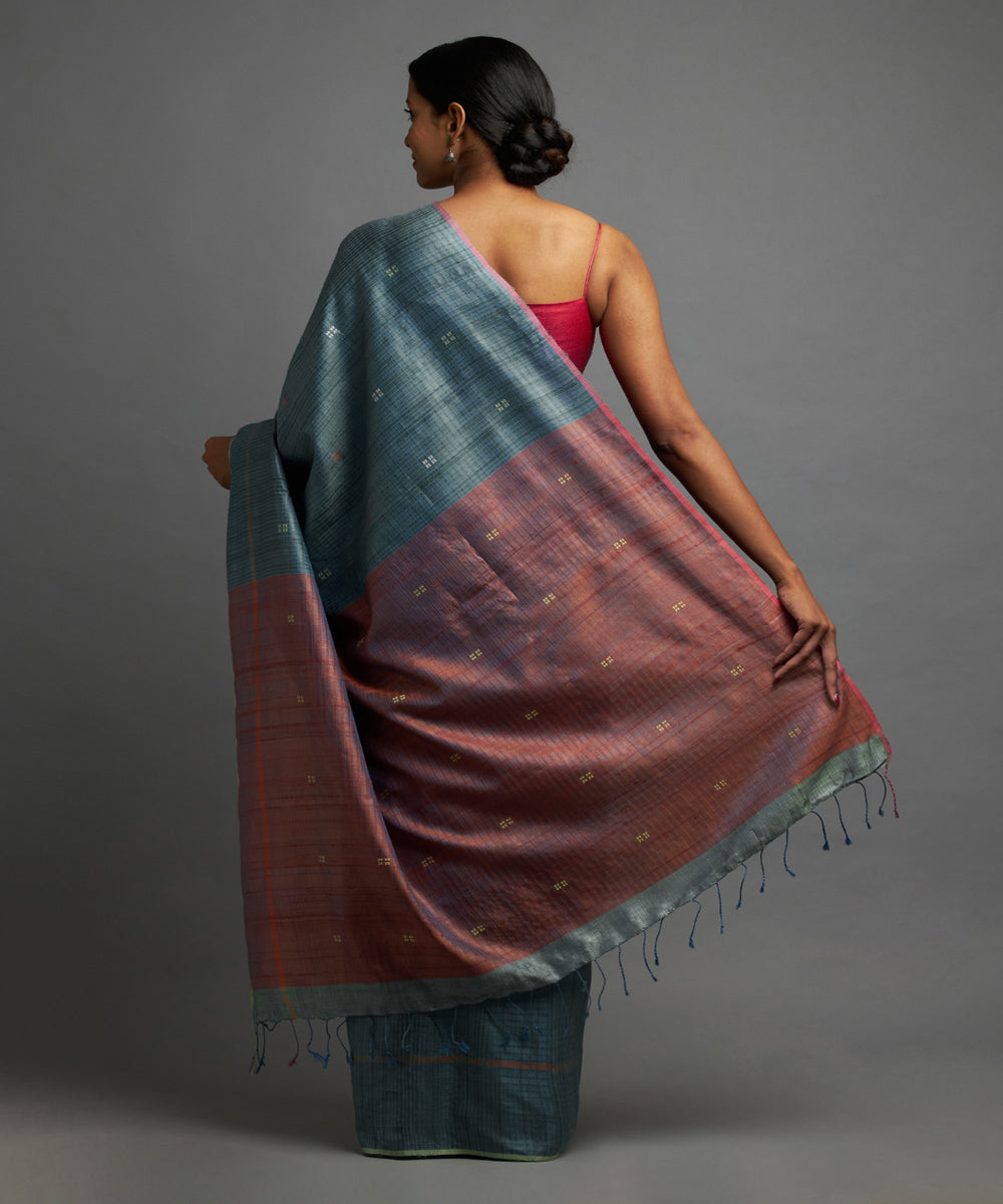 Sassy teal tussar silk hand woven chhattisgarh kosa saree