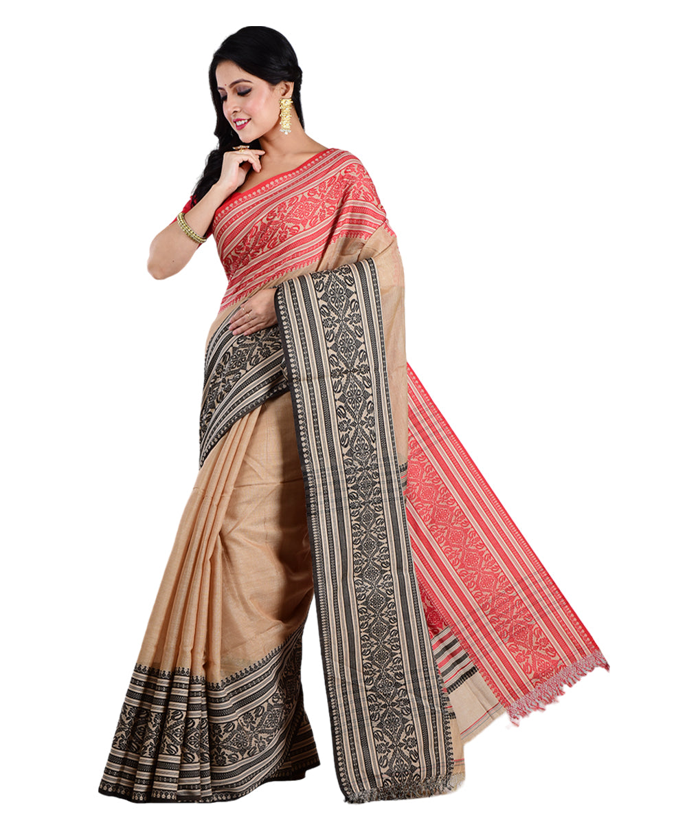 Beige red handwoven cotton silk saree