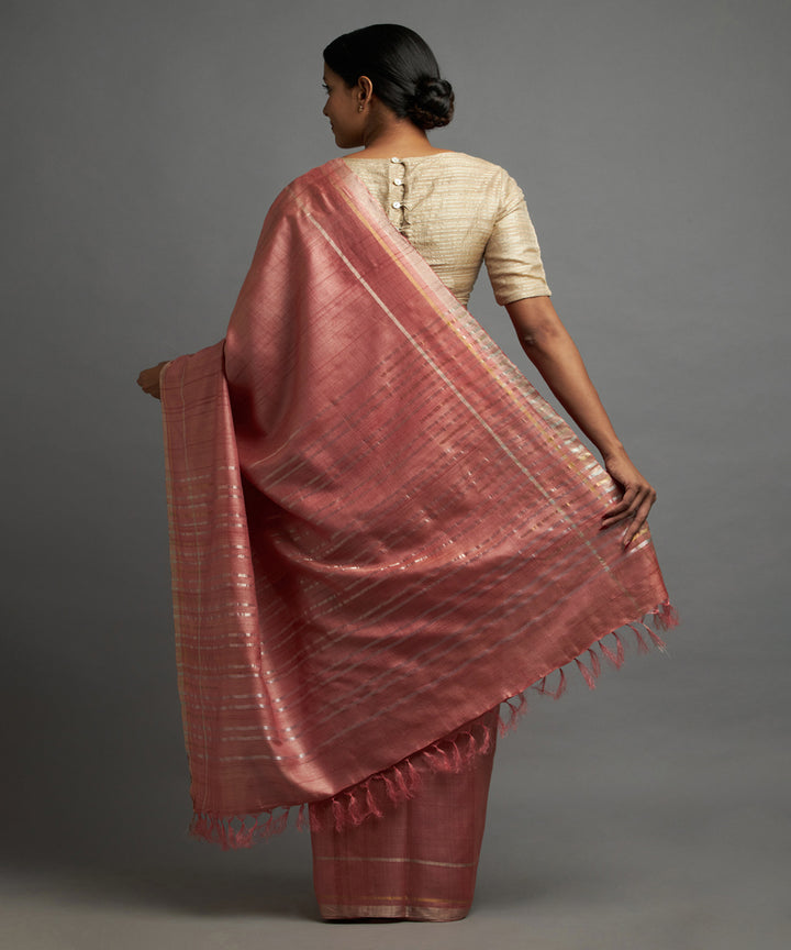 Flamingo pink silver zari hand woven chhattisgarh tussar silk saree