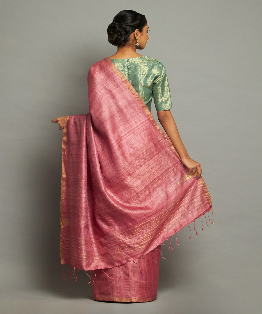 Coral tussar silk hand woven chhattisgarh kosa saree