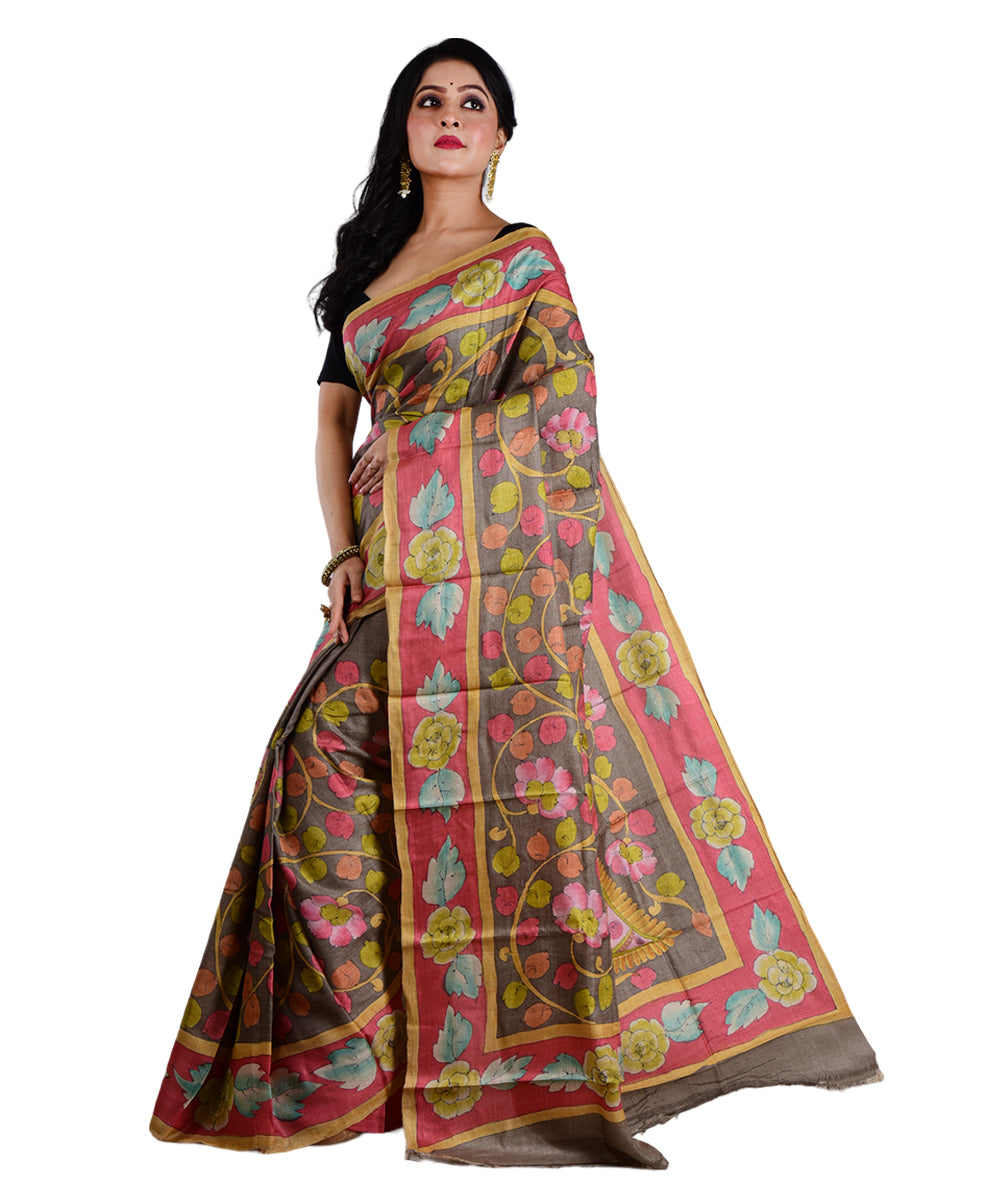 Multicolor brown hand printed tussar silk saree