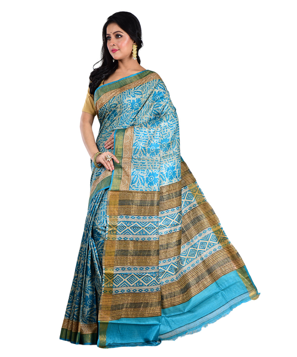 Sky blue beige hand printed tussar silk saree