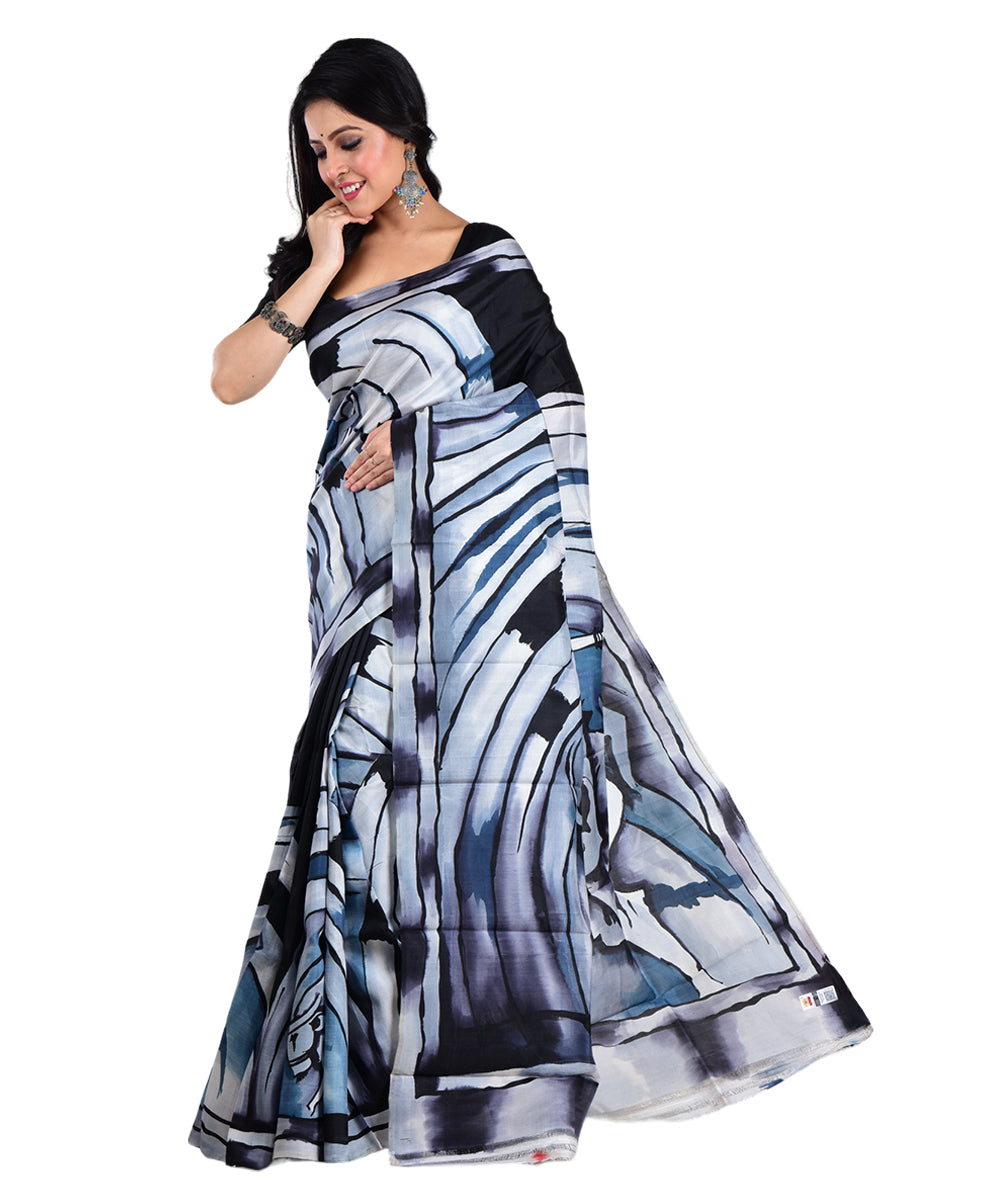 Black white silk hand painted bengal saree