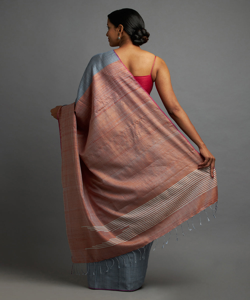 Dusky blue grey tussar silk hand woven chhattisgarh kosa saree