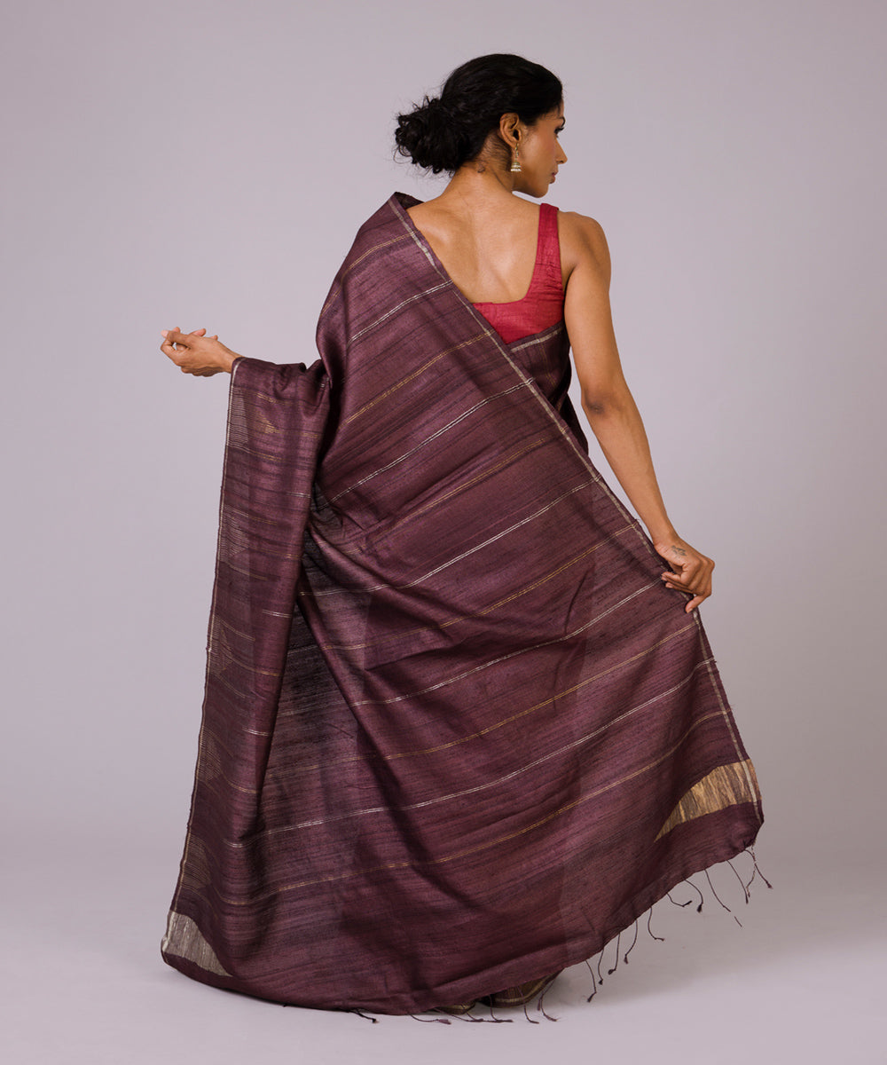 Dark brown tussar silk hand woven chhattisgarh kosa saree