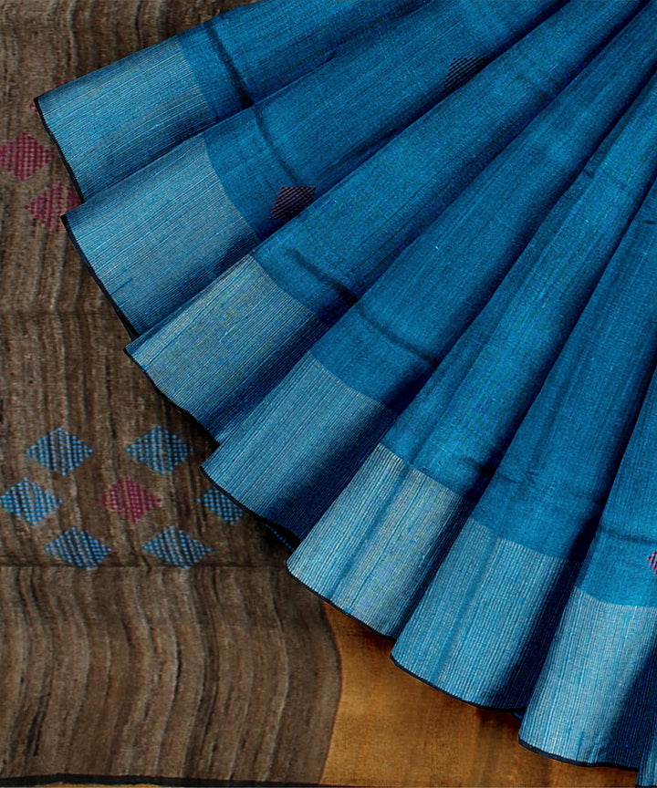 Royal blue grey raw silk handloom bhagalpur saree