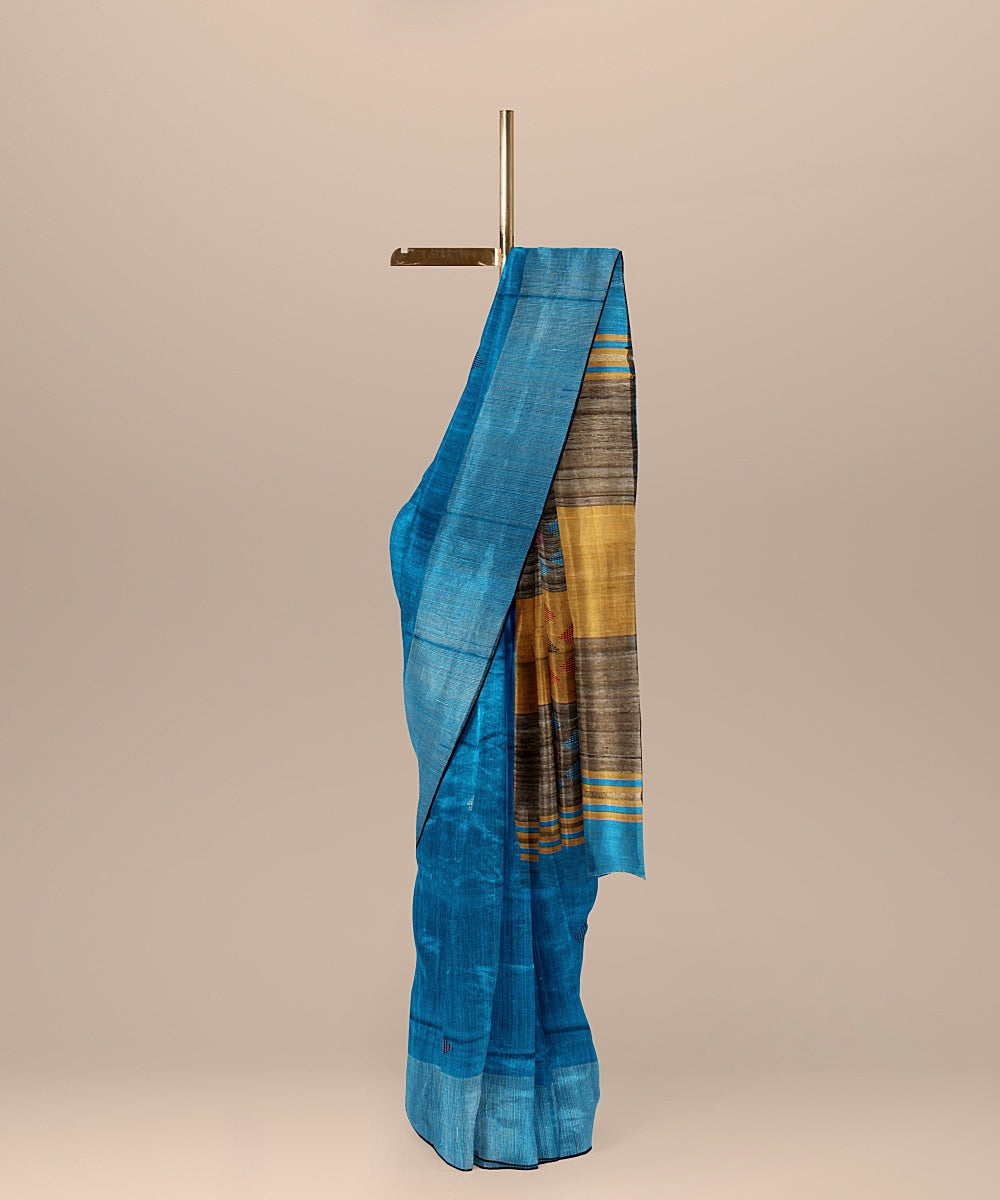 Royal blue grey raw silk handloom bhagalpur saree