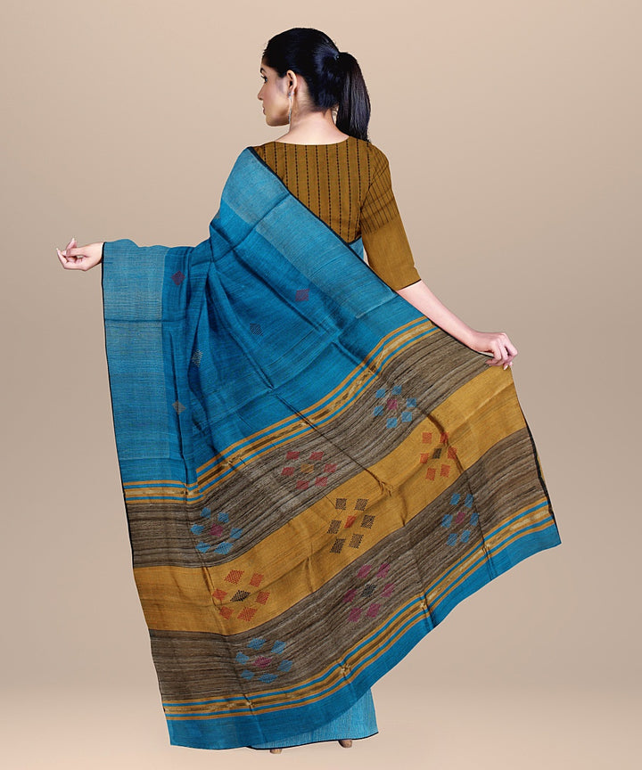 Royal blue grey raw silk handloom bhagalpur saree