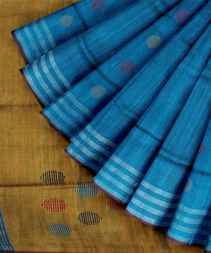 Royal blue brown raw silk handloom bhagalpur saree