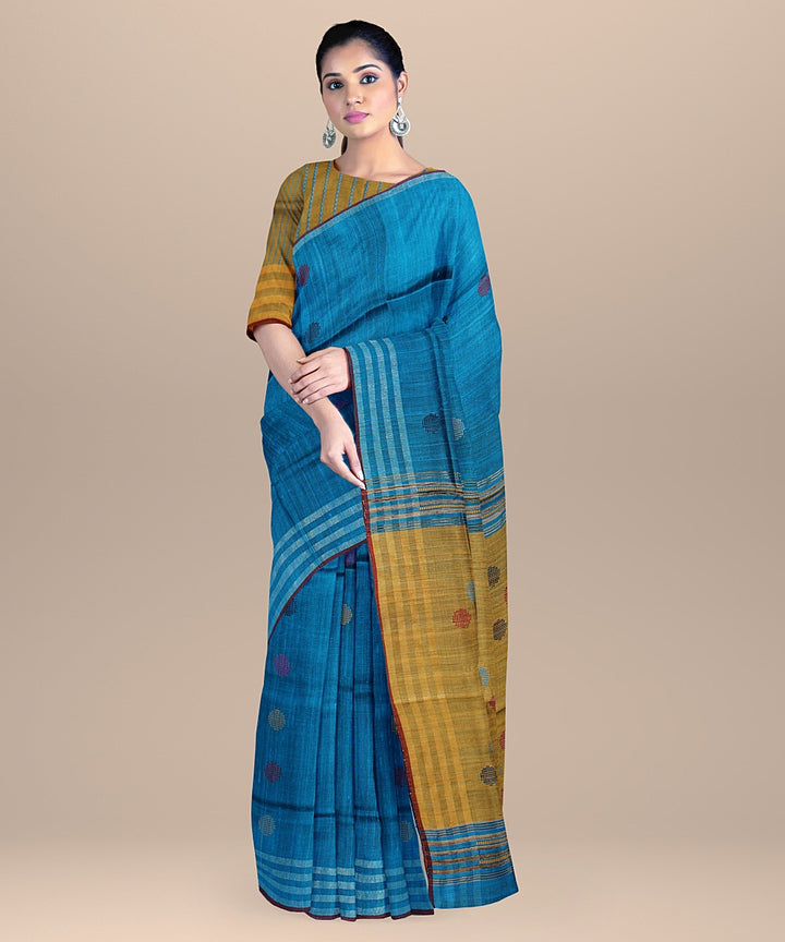 Royal blue brown raw silk handloom bhagalpur saree