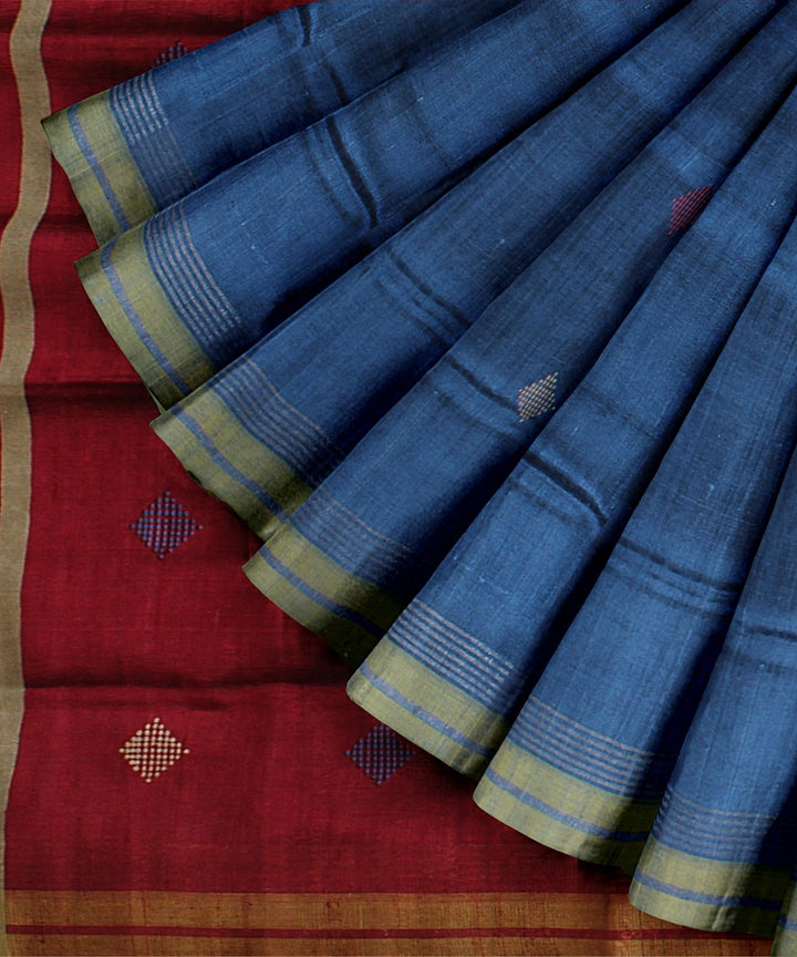 Corn flower blue maroon raw silk handloom bhagalpur saree