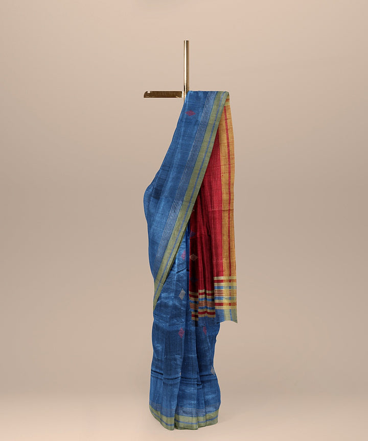 Corn flower blue maroon raw silk handloom bhagalpur saree