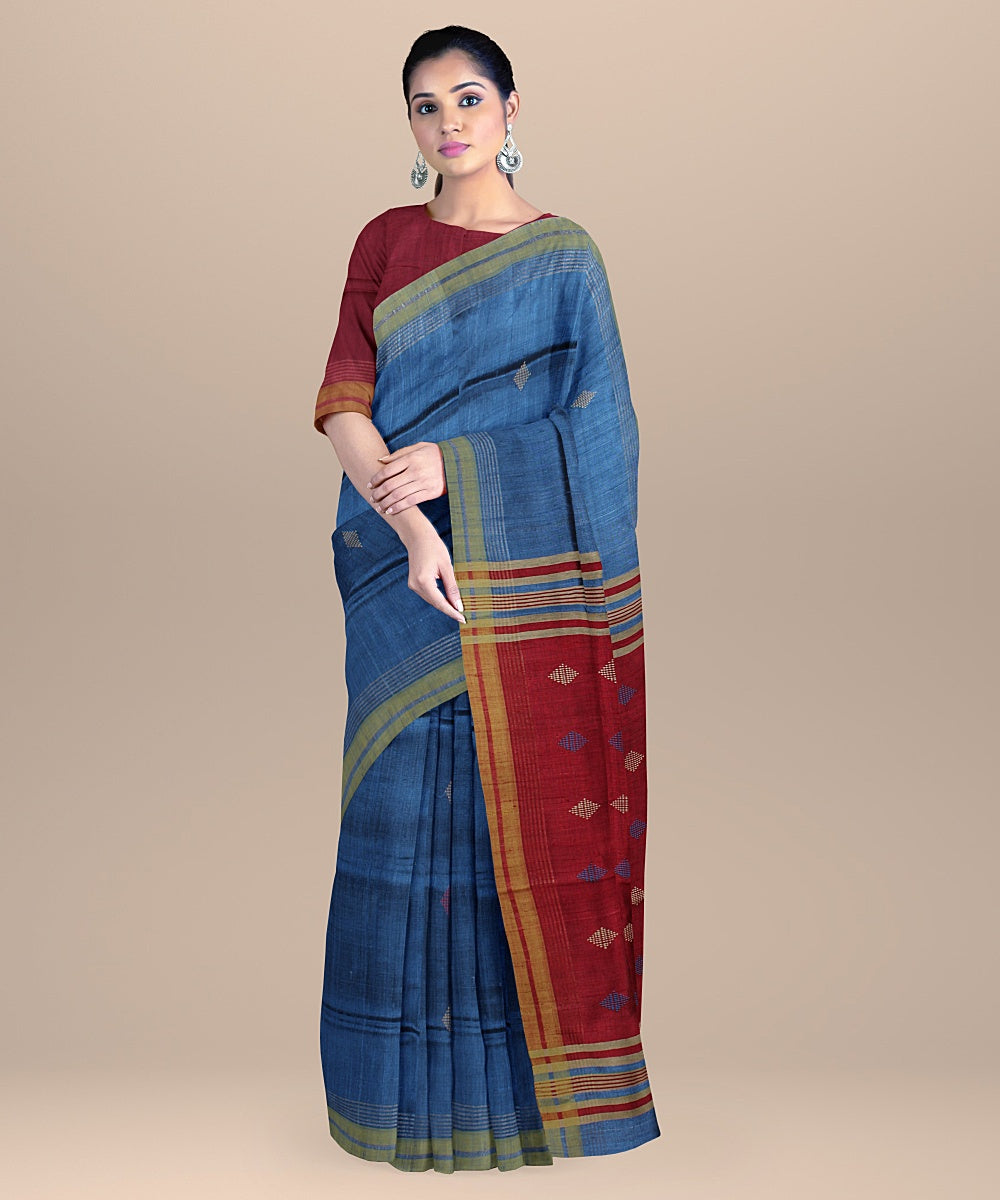 Corn flower blue maroon raw silk handloom bhagalpur saree