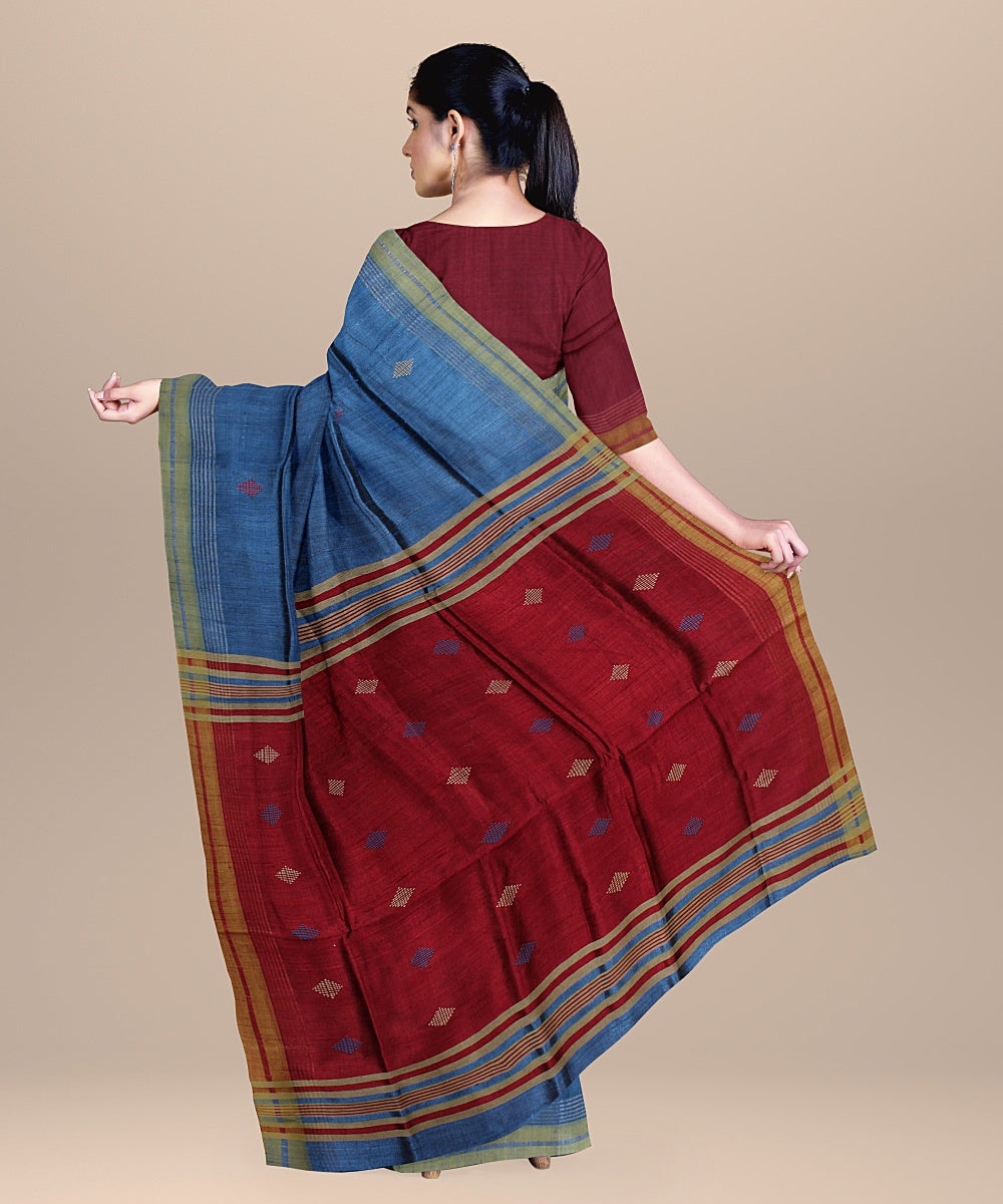 Corn flower blue maroon raw silk handloom bhagalpur saree