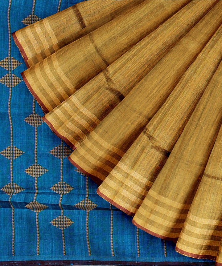 Mustard cobalt blue raw silk bhagalpur handloom saree