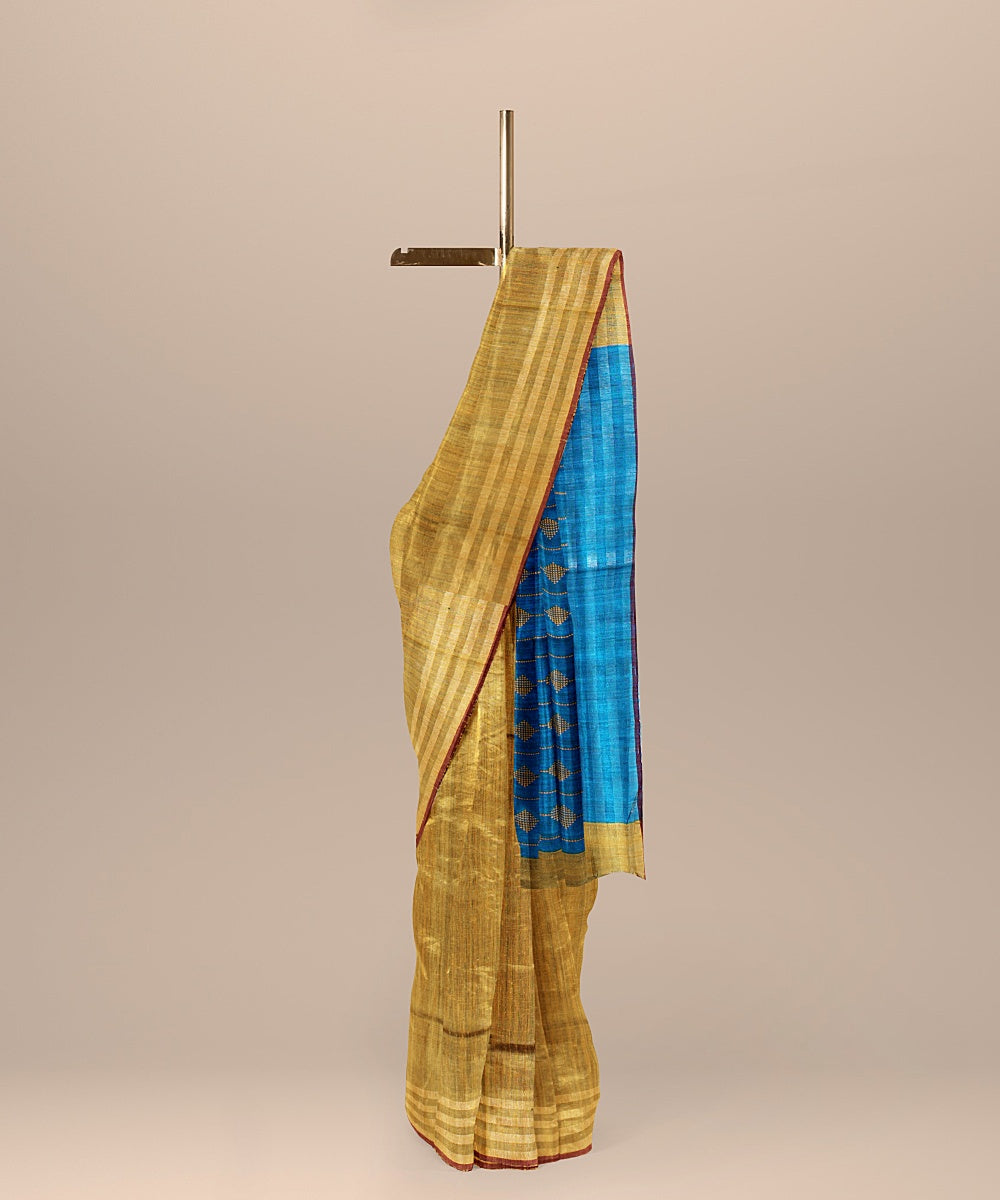 Mustard cobalt blue raw silk bhagalpur handloom saree