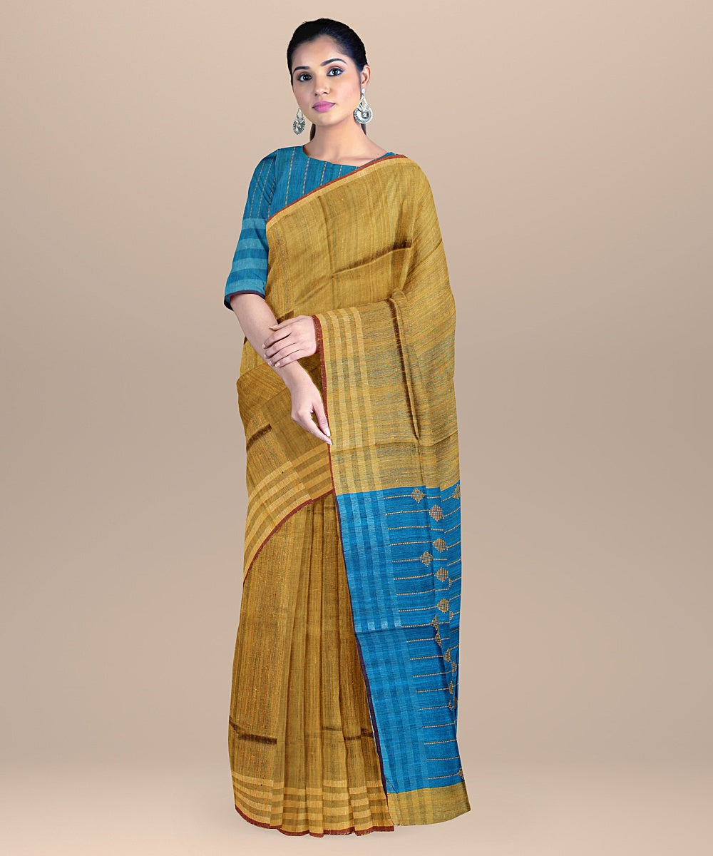 Mustard cobalt blue raw silk bhagalpur handloom saree