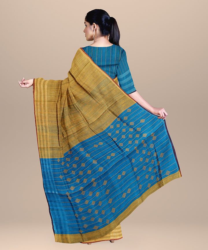 Mustard cobalt blue raw silk bhagalpur handloom saree