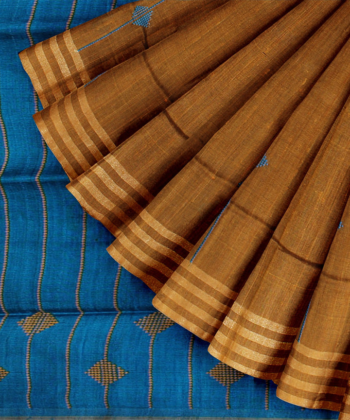 Mustard cobalt blue raw silk handloom bhagalpur saree