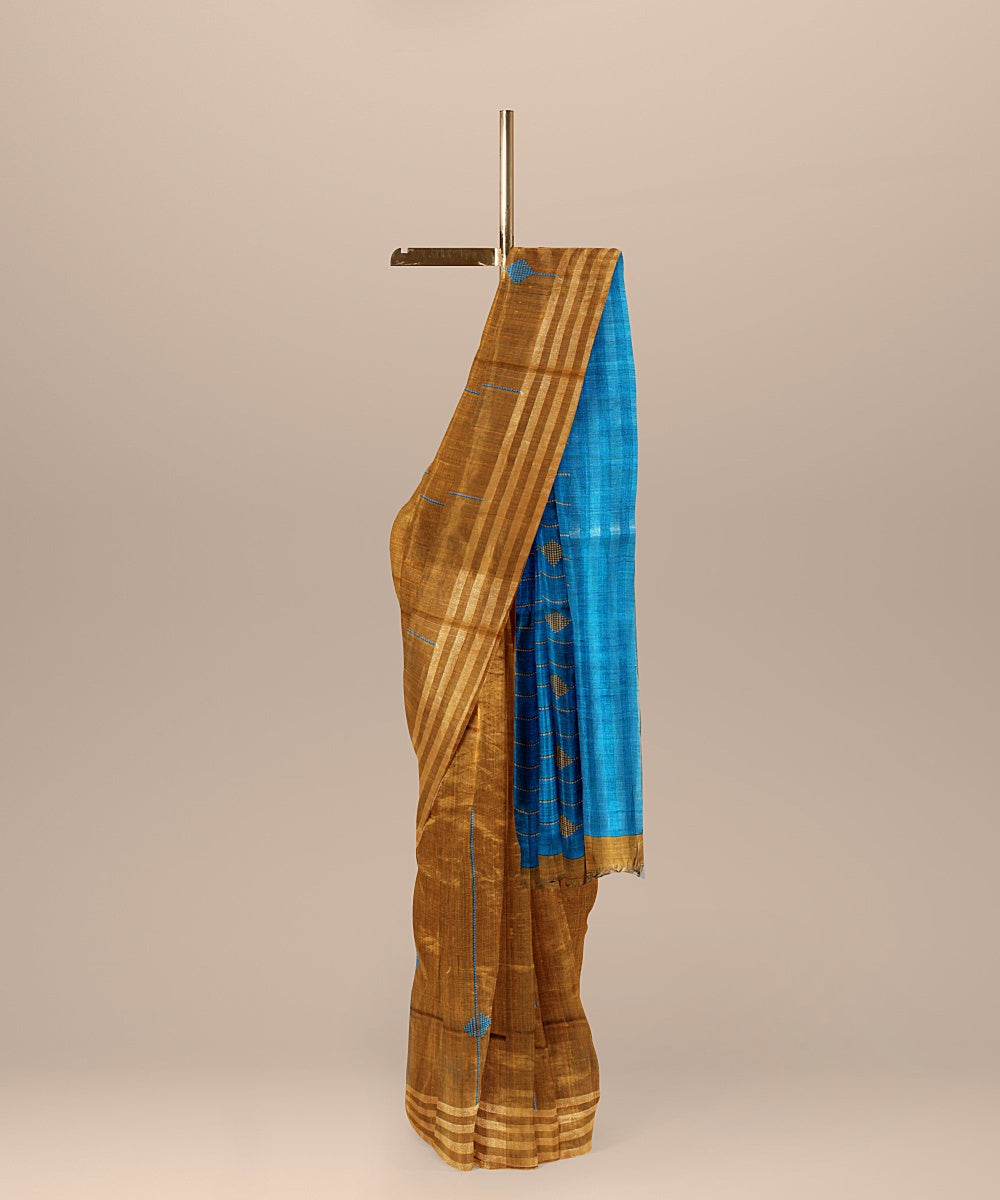 Mustard cobalt blue raw silk handloom bhagalpur saree