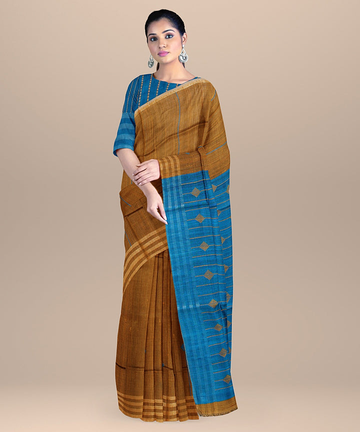 Mustard cobalt blue raw silk handloom bhagalpur saree