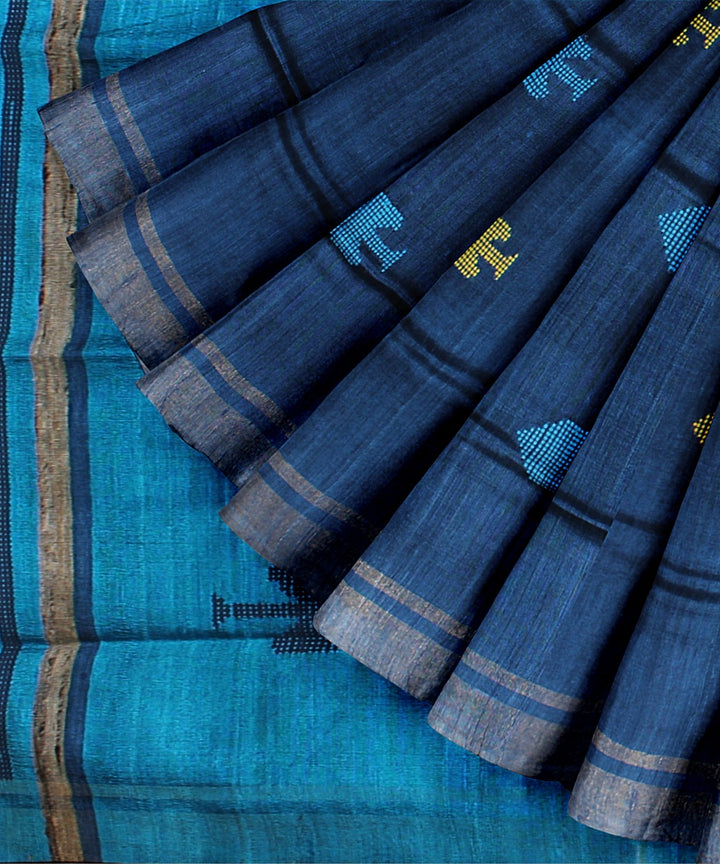 Midnight blue raw silk handloom bhagalpur saree