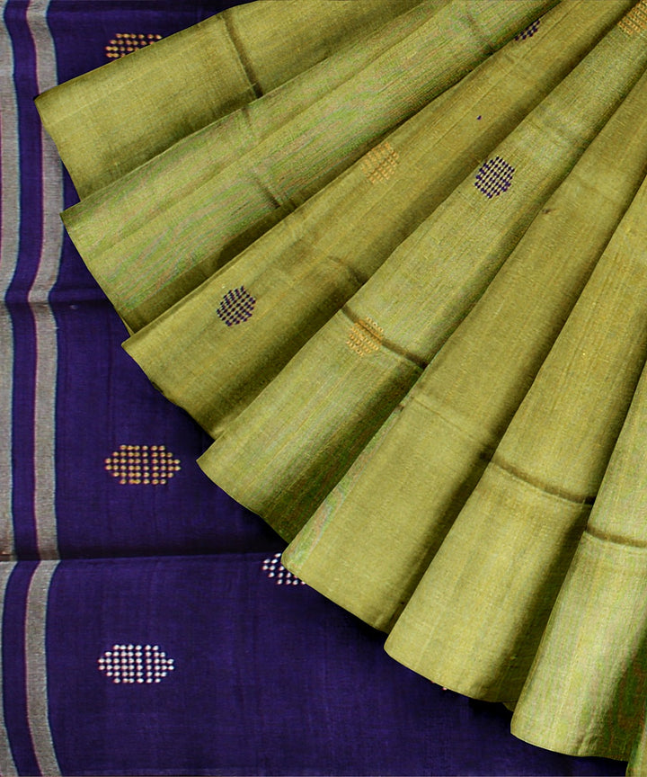 Olive green midnight blue raw silk handloom bhagalpur saree