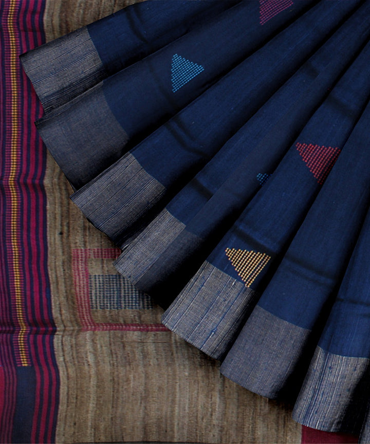 Dark blue brown raw silk handloom bhagalpur saree